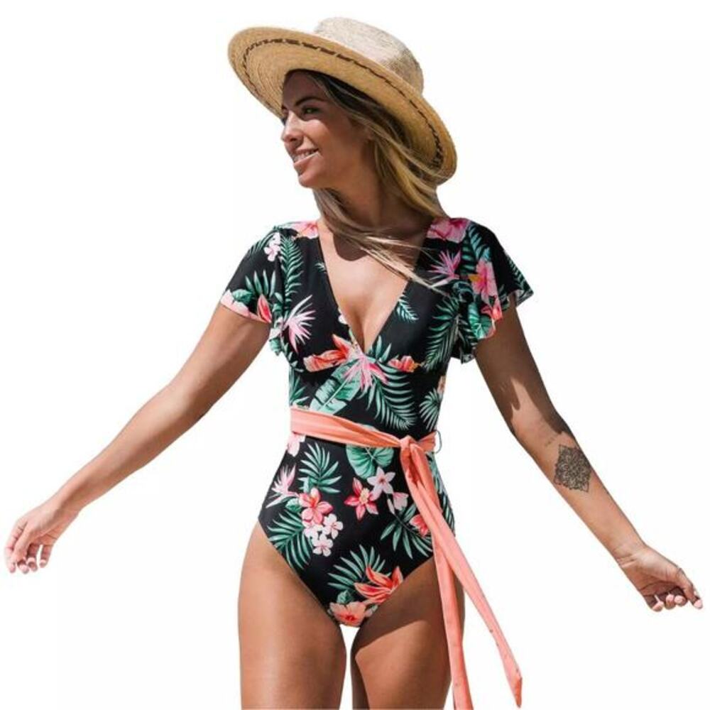 Cupshe Tropical Floral V Neck Ruffle Sleeve‎ Tie Ribbon One Piece Swimsuit XS